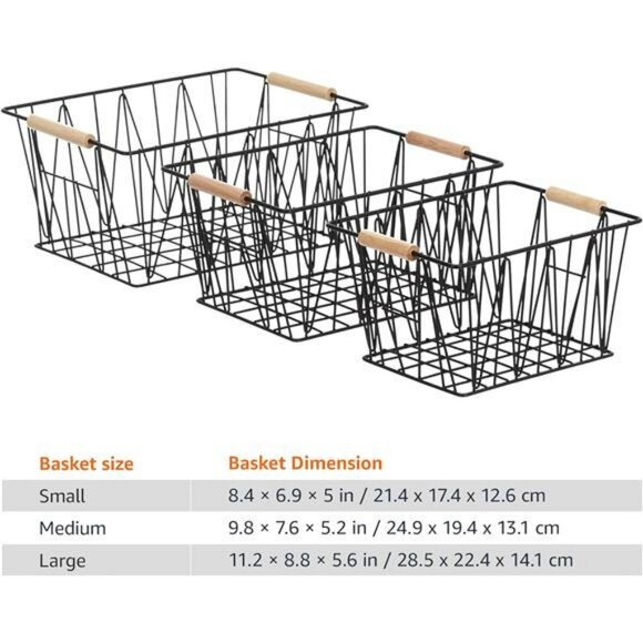 Wire storage baskets set of 3 black metal bins with wood handles home organizati - Picture 6 of 7